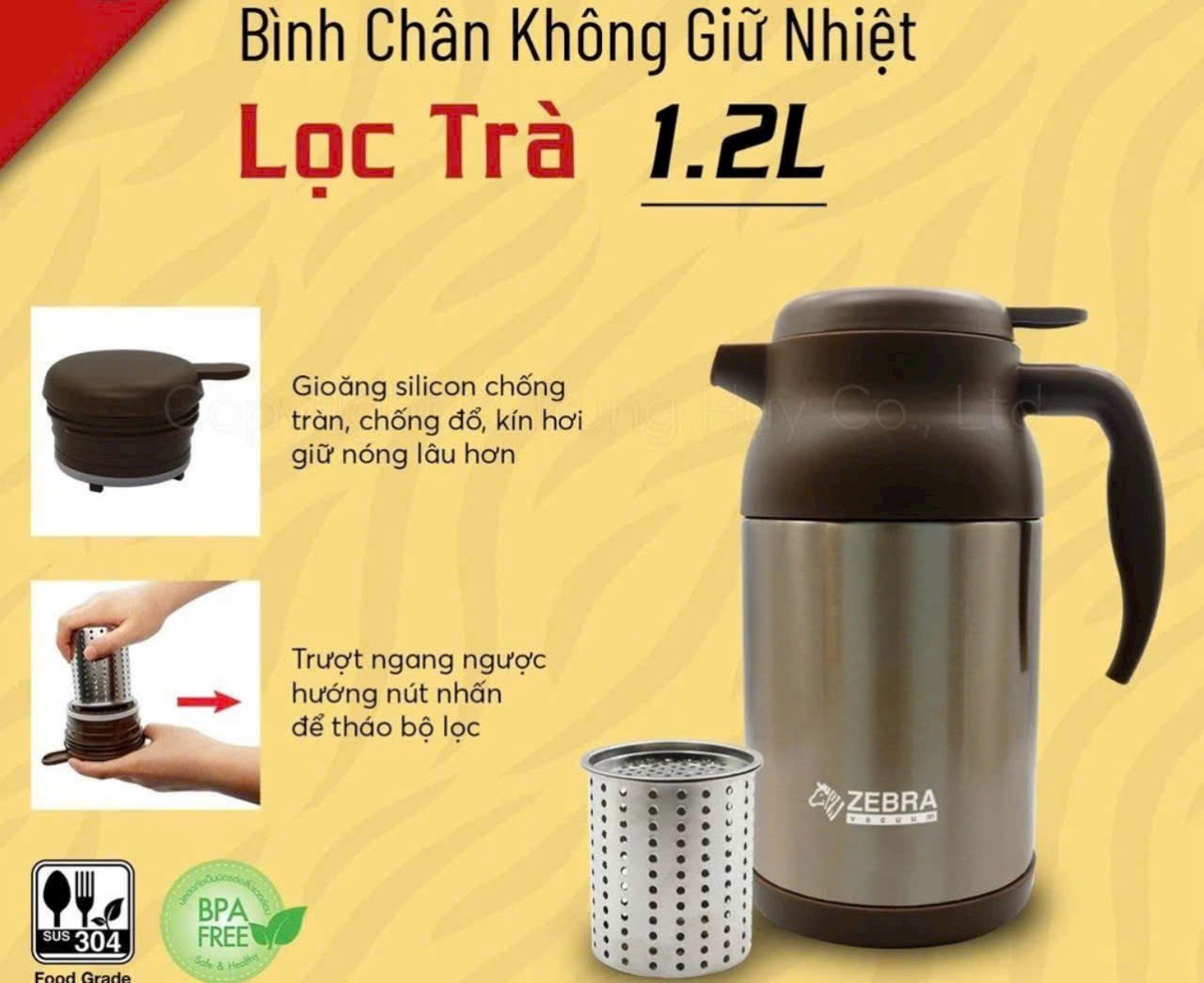 Bình lọc trà giữ nhiệt Inox Zebra Thái Lan 1,2L - 112411