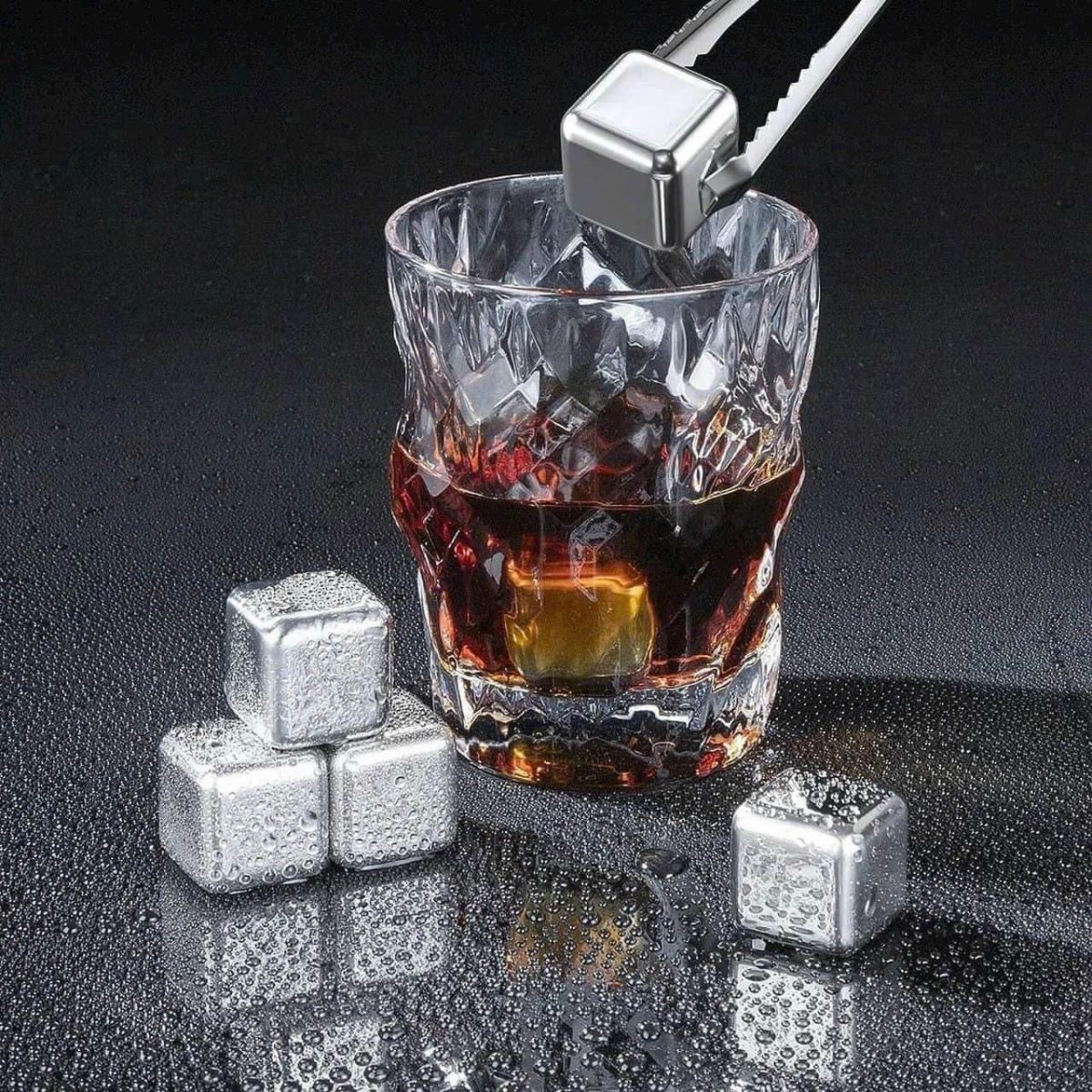 Đá inox Firschoie Stainless Steel Ice Cubes - set 8 viên + dụng cụ gắp 