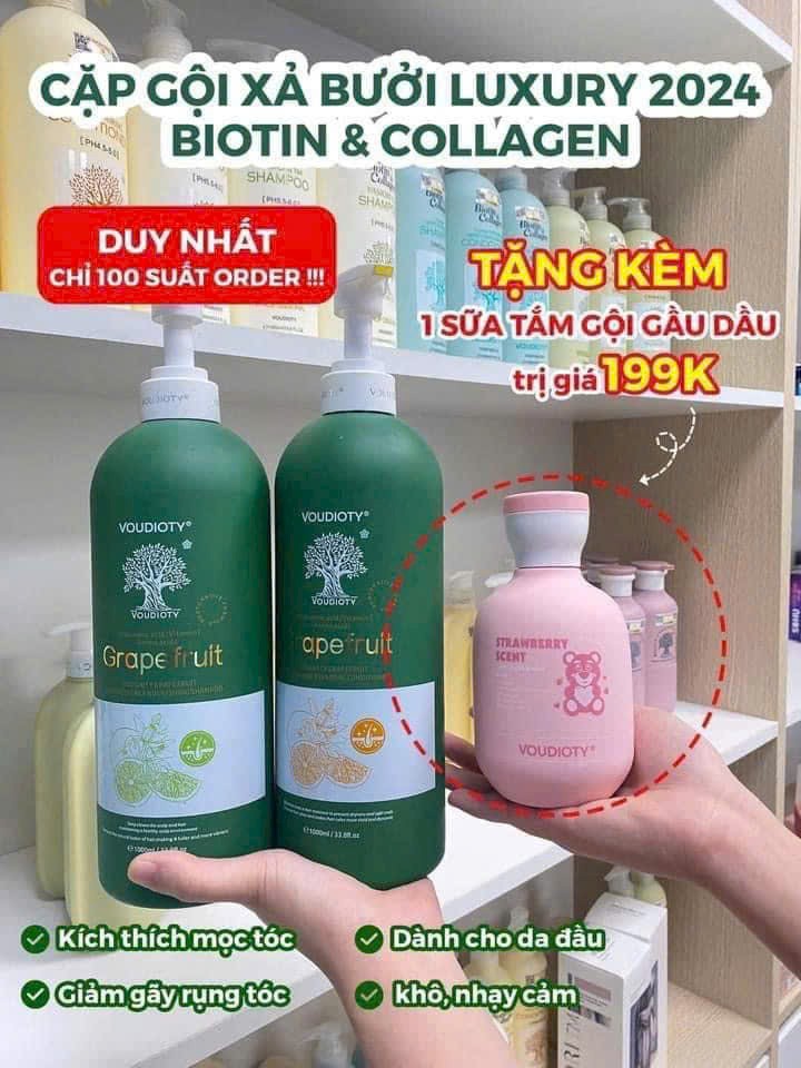 Cặp dầu gội xả kích thích mọc tóc Voudioty Biotin & Collagen bưởi chai 1000ml